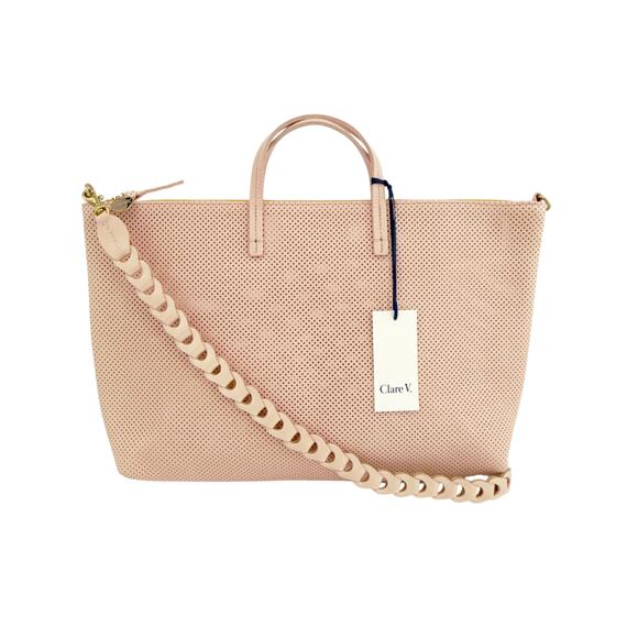 CLARE V. Attache Tote in Ballet Perforated with Leather Link Strap - Picture 1 of 14